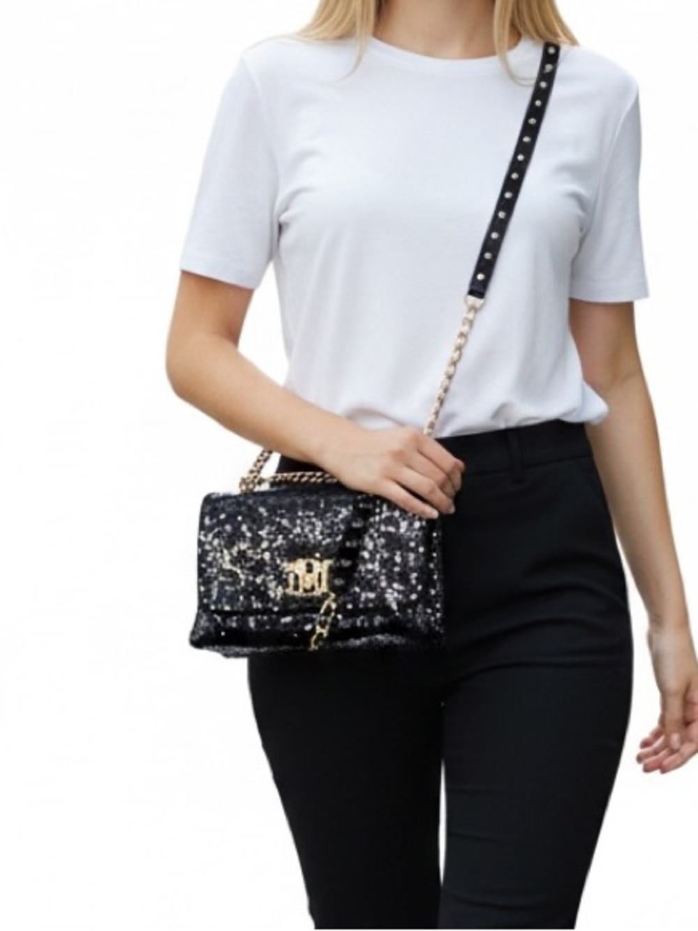 Badgley Mischka NWT Black Sequin Crossbody with Gold Chain and Bead Detail